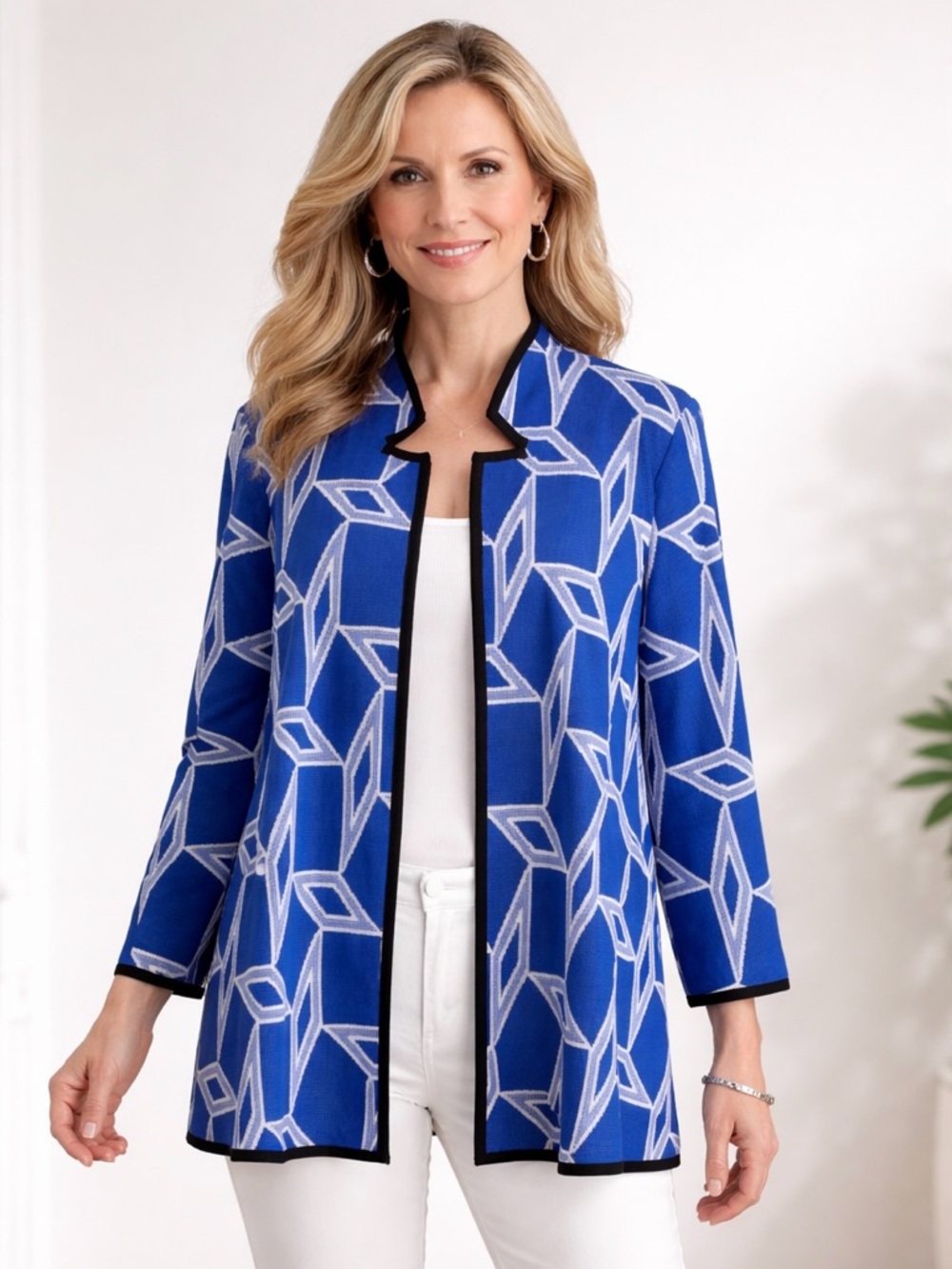 Ming Wang Open Front One Hook Topper Jacket Cardigan Blue White Plus Size 3X